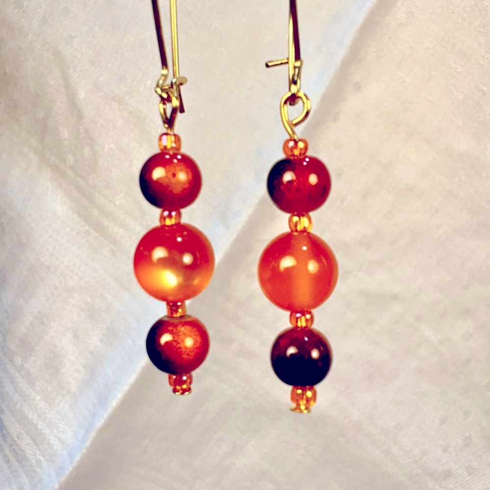 AUTUMN Earrings Pierced Handcrafted Orange Crystal Beadw/Orange-Brown Reversible
